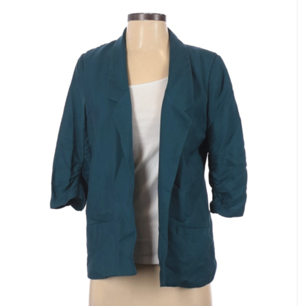 LAUREN CONRAD Jacket Teal Open Front Ruched 3/4 Sleeve Blazer Women's Sz 4